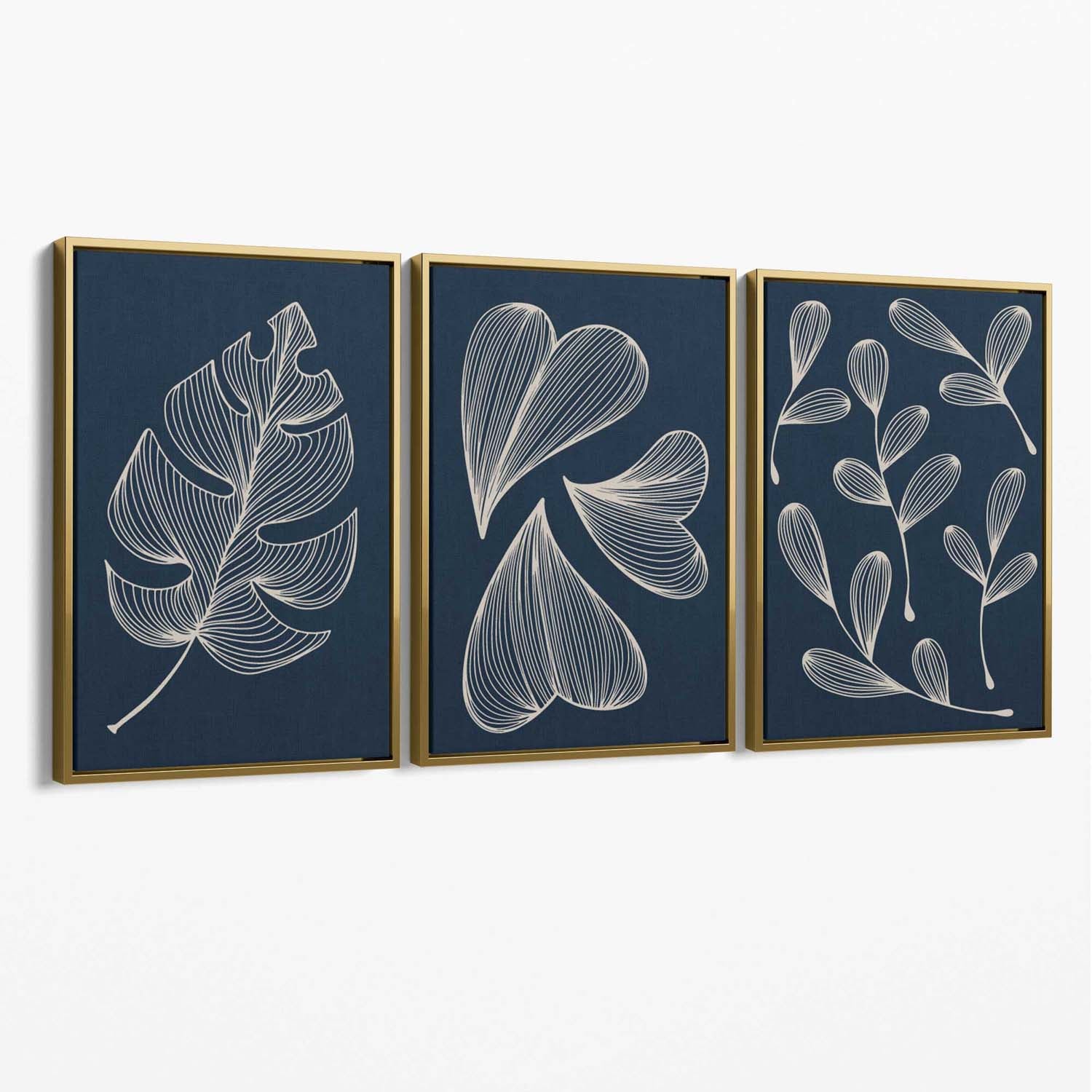 Set of 3 Dark Blue Minimal Sketch Leaves  Canvas Art Prints with Gold Float Frame