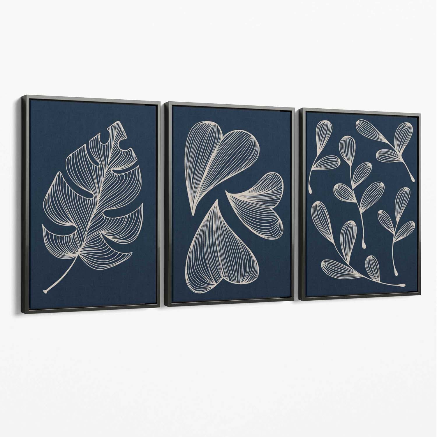 Set of 3 Dark Blue Minimal Sketch Leaves  Canvas Art Prints with Grey Float Frame