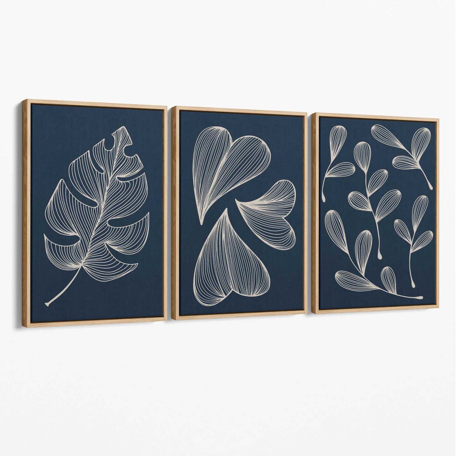 Set of 3 Dark Blue Minimal Sketch Leaves  Canvas Art Prints with Oak Float Frame