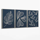 Set of 3 Dark Blue Minimal Sketch Leaves  Canvas Art Prints with Silver Float Frame