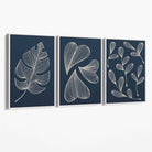 Set of 3 Dark Blue Minimal Sketch Leaves  Canvas Art Prints with White Float Frame