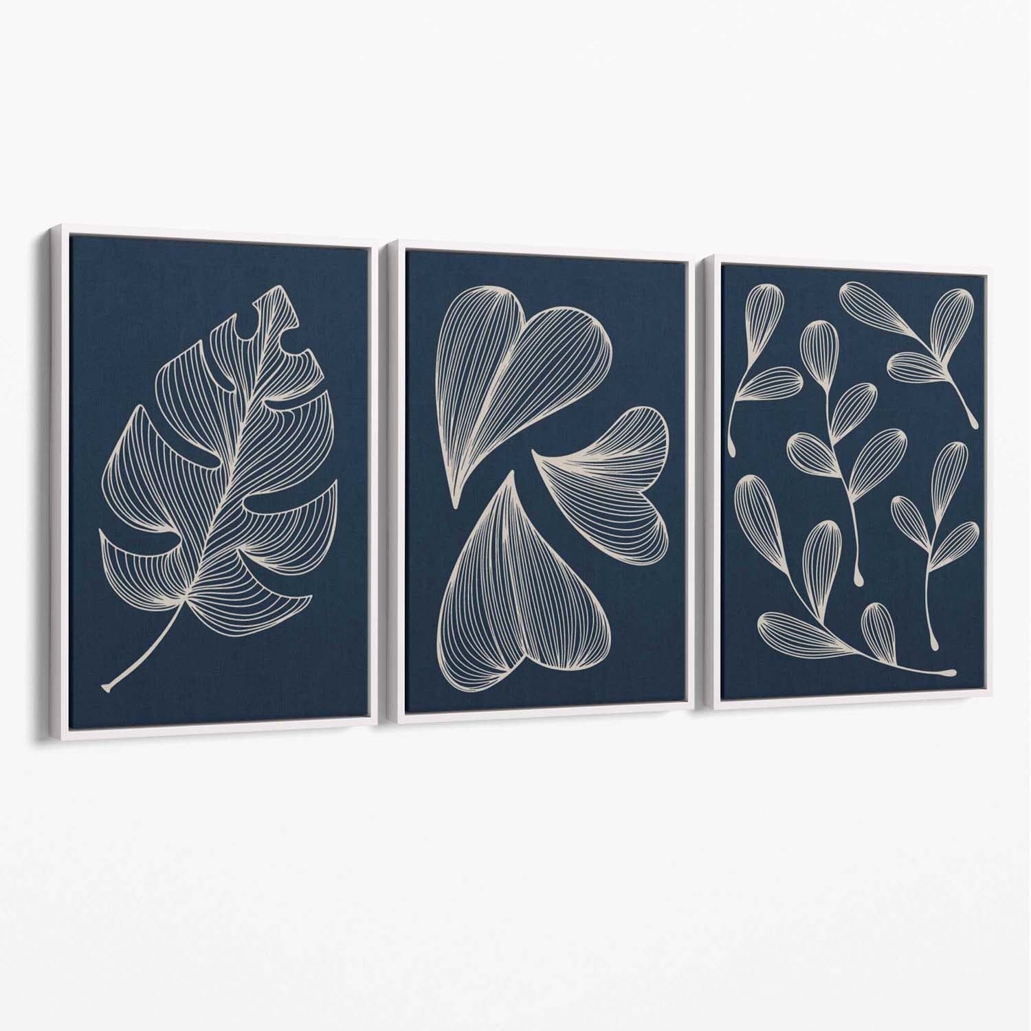 Set of 3 Dark Blue Minimal Sketch Leaves  Canvas Art Prints with White Float Frame