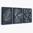 Set of 3 Dark Blue Minimal Sketch Leaves  Canvas Art Prints | Artze Wall Art