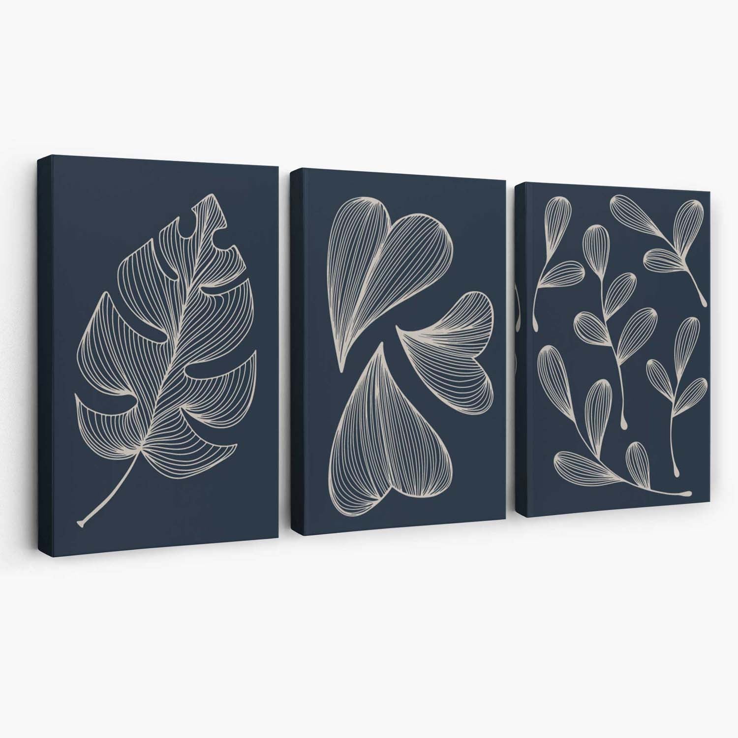 Set of 3 Dark Blue Minimal Sketch Leaves  Canvas Art Prints | Artze Wall Art