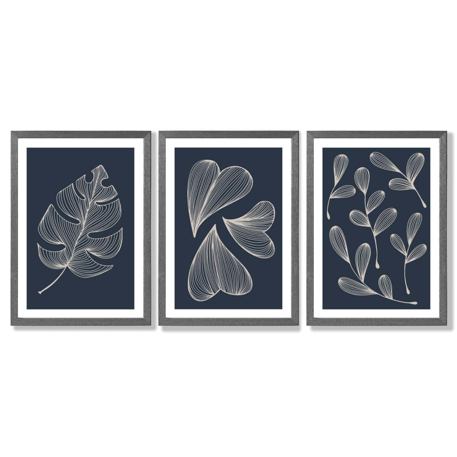 Set of 3 Dark Blue Minimal Sketch Leaves  Framed Art Prints with Dark Grey Wooden Frames