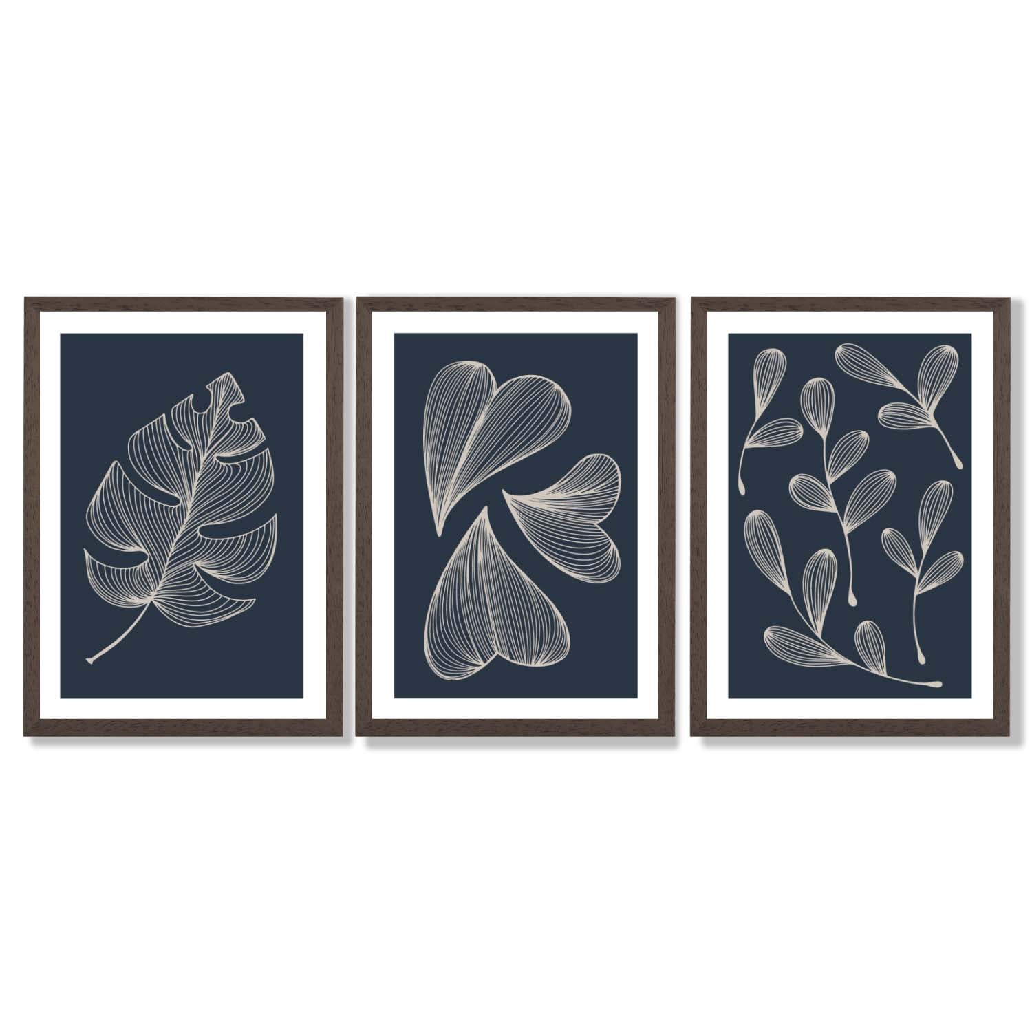 Set of 3 Dark Blue Minimal Sketch Leaves  Framed Art Prints with Dark Wood Frames