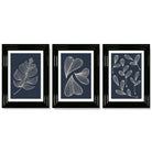 Set of 3 Dark Blue Minimal Sketch Leaves  Framed Art Prints with Glossy Black Frames