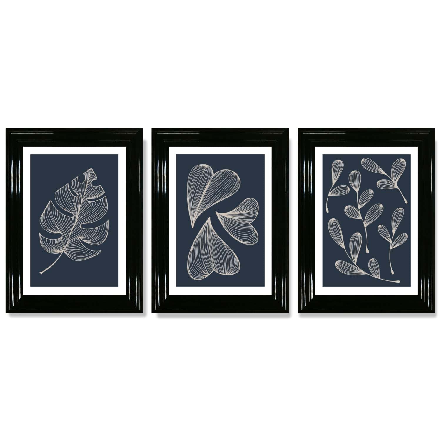 Set of 3 Dark Blue Minimal Sketch Leaves  Framed Art Prints with Glossy Black Frames