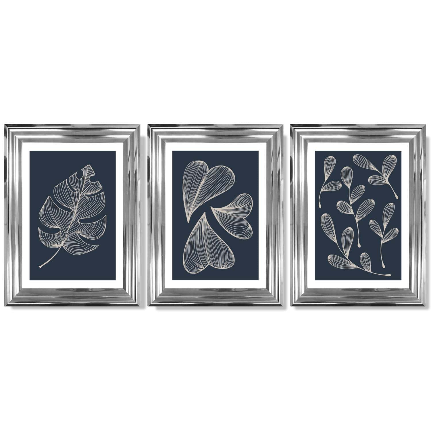 Set of 3 Dark Blue Minimal Sketch Leaves  Framed Art Prints with Glossy Chrome Frames