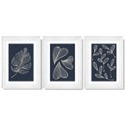 Set of 3 Dark Blue Minimal Sketch Leaves  Framed Art Prints with Glossy White Frames