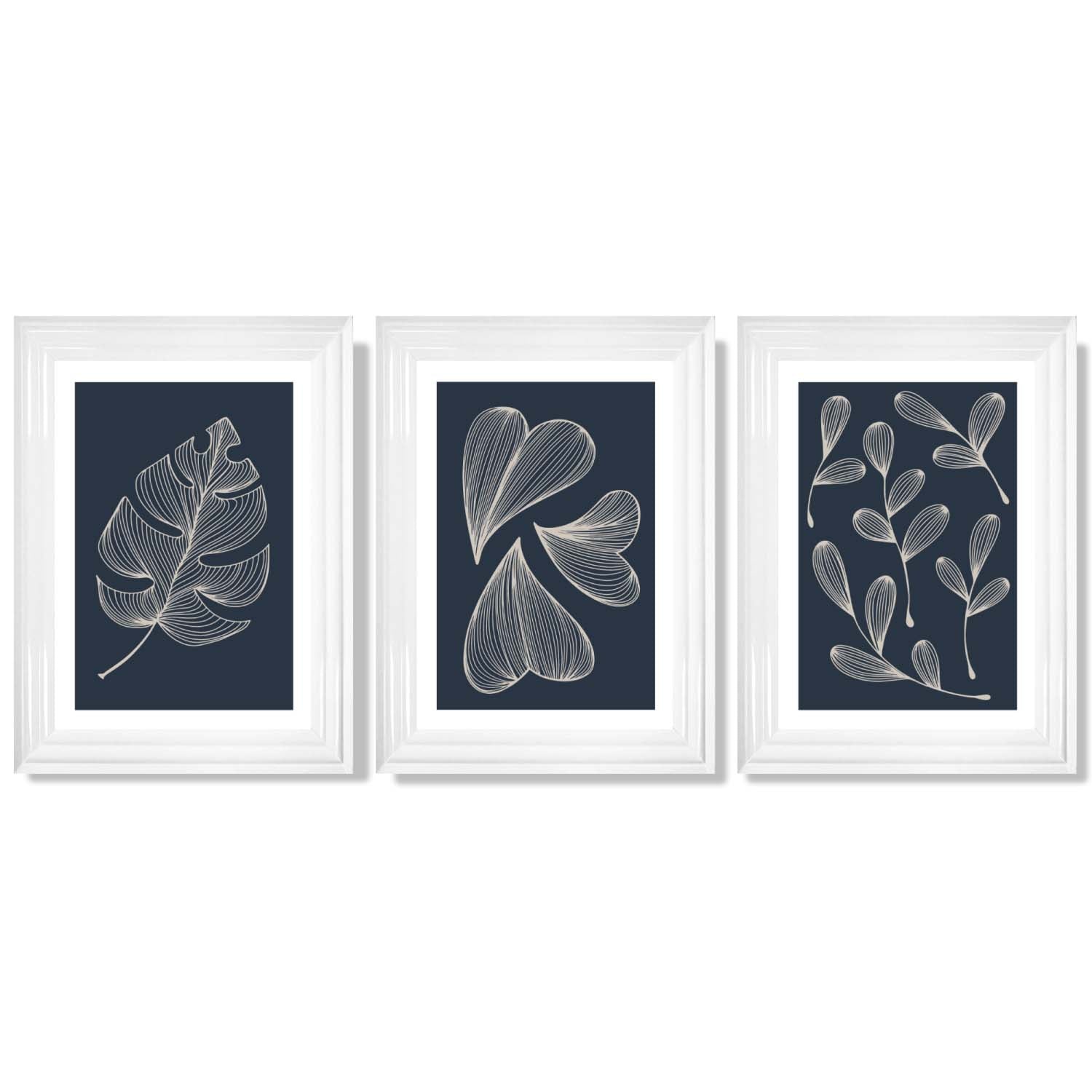 Set of 3 Dark Blue Minimal Sketch Leaves  Framed Art Prints with Glossy White Frames