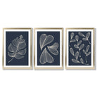 Set of 3 Dark Blue Minimal Sketch Leaves  Framed Art Prints with Gold Wood Frames