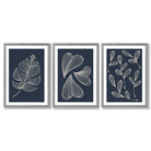 Set of 3 Dark Blue Minimal Sketch Leaves  Framed Art Prints with Light Grey Wooden Frames