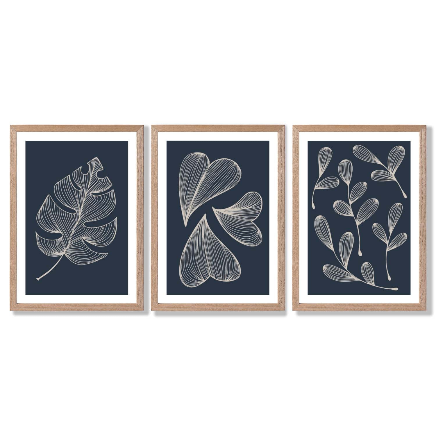 Set of 3 Dark Blue Minimal Sketch Leaves  Framed Art Prints with Light Oak Frames