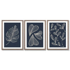 Set of 3 Dark Blue Minimal Sketch Leaves  Framed Art Prints with Light Walnut Frames