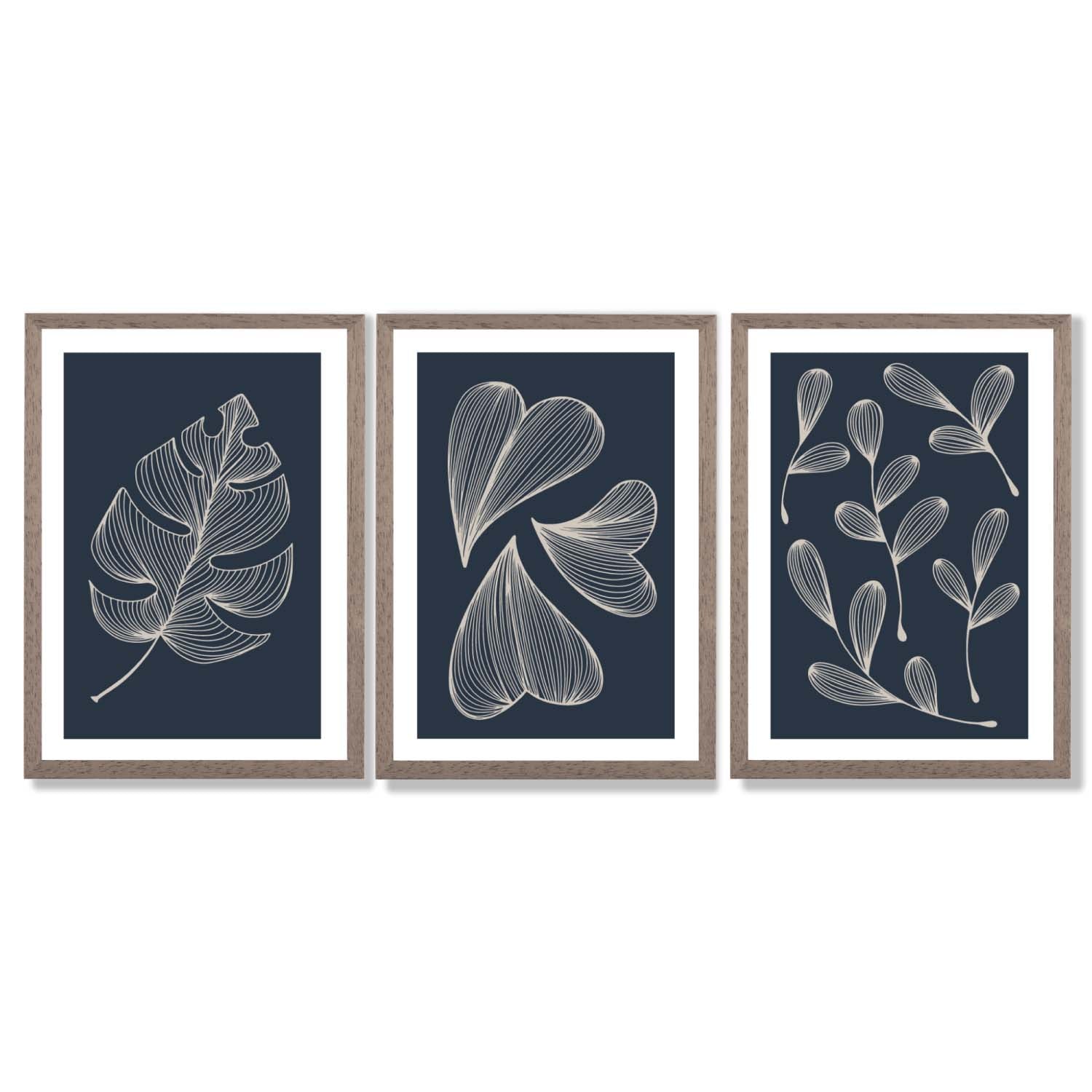 Set of 3 Dark Blue Minimal Sketch Leaves  Framed Art Prints with Light Walnut Frames