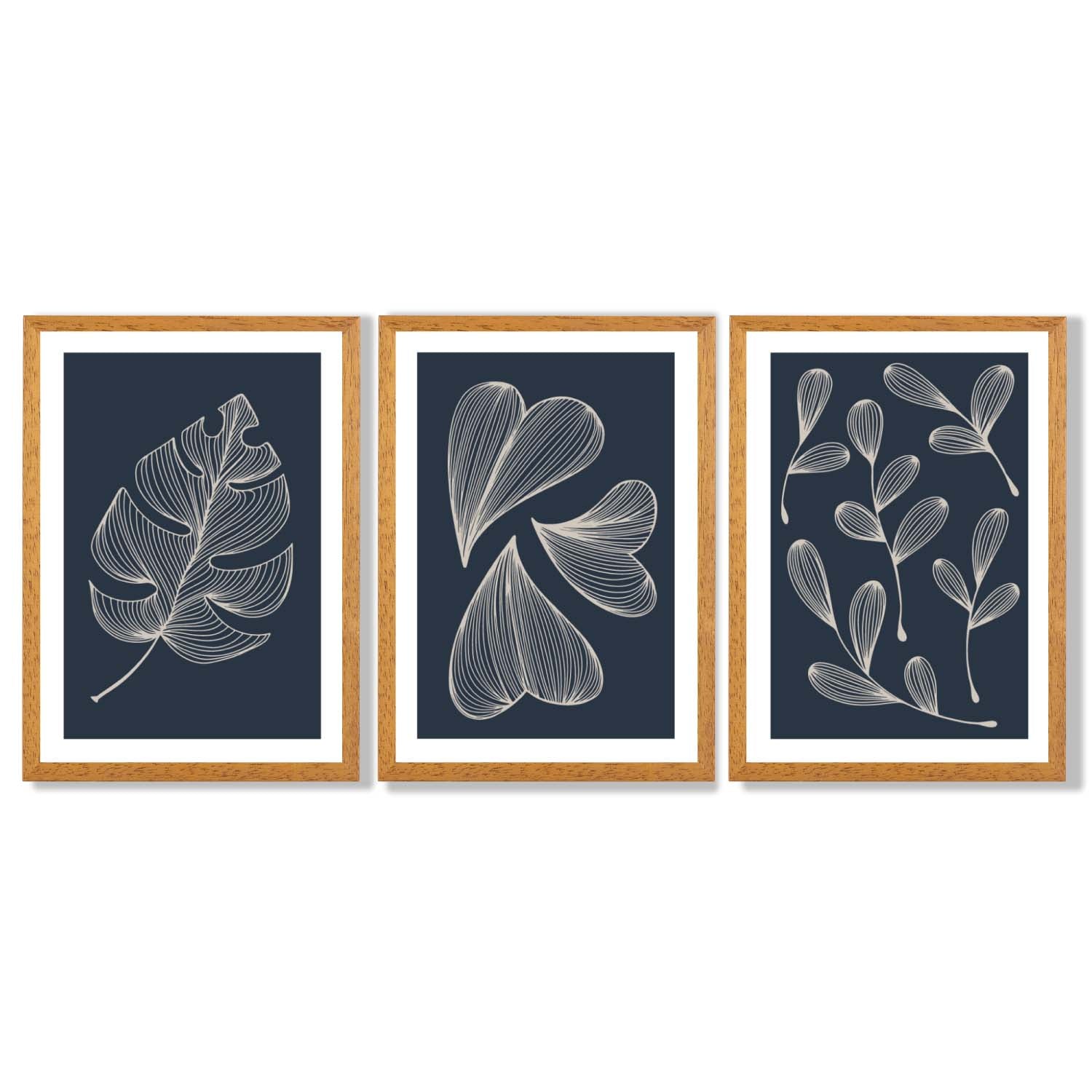 Set of 3 Dark Blue Minimal Sketch Leaves  Framed Art Prints with Oak Wooden Frames