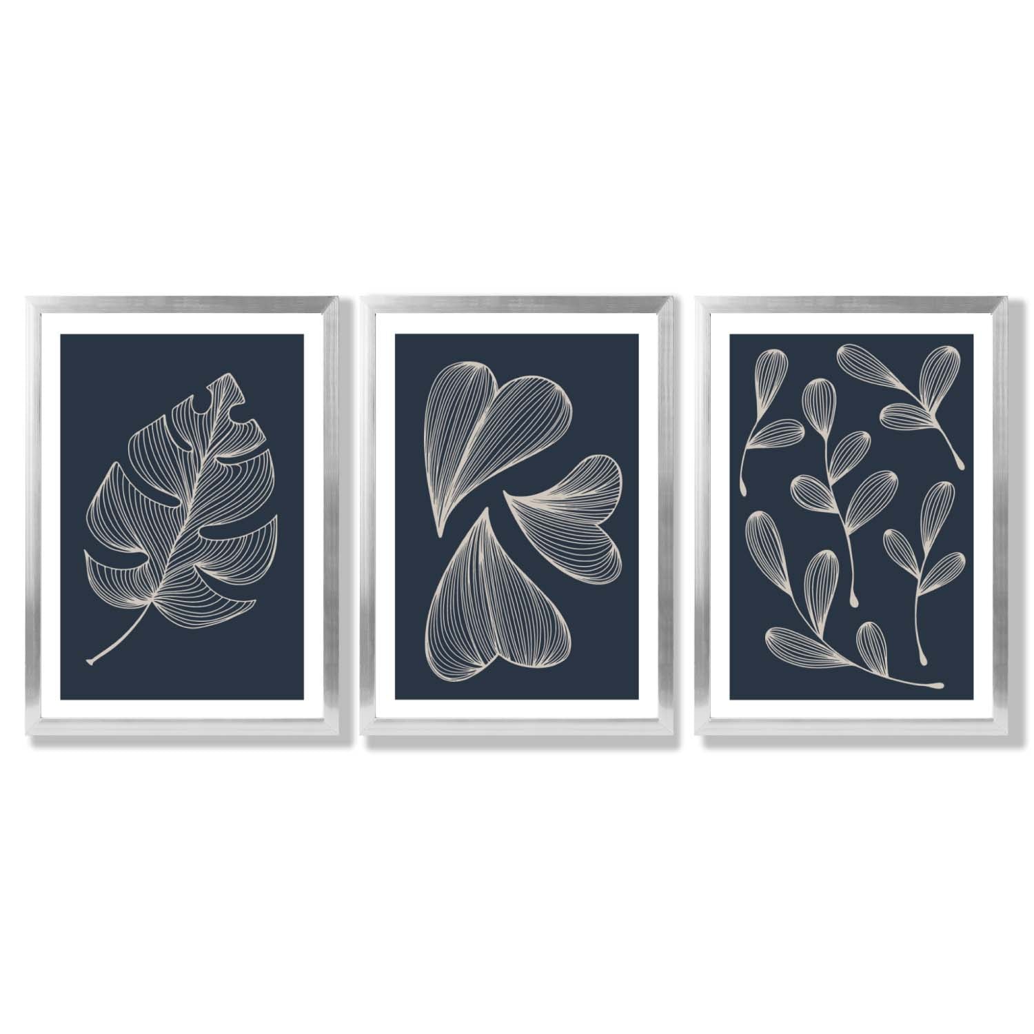 Set of 3 Dark Blue Minimal Sketch Leaves  Framed Art Prints with Silver Wood Frames