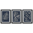 Set of 3 Dark Blue Minimal Sketch Leaves  Framed Art Prints with Vermeer Black Frames