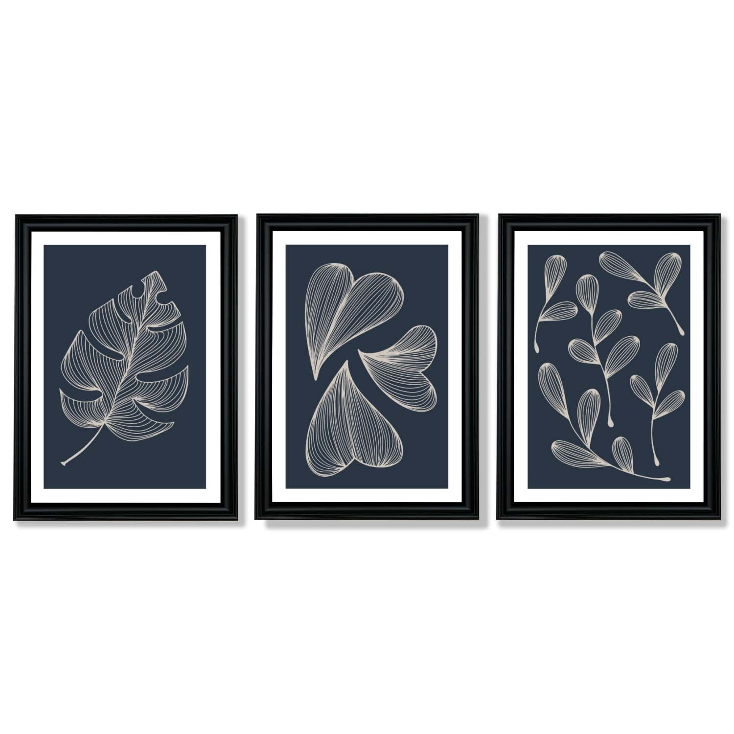 Set of 3 Dark Blue Minimal Sketch Leaves  Framed Art Prints with Vermeer Black Frames