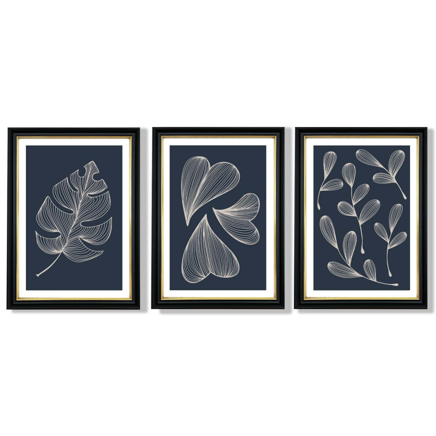 Set of 3 Dark Blue Minimal Sketch Leaves  Framed Art Prints with Vermeer Black and Gold Frames