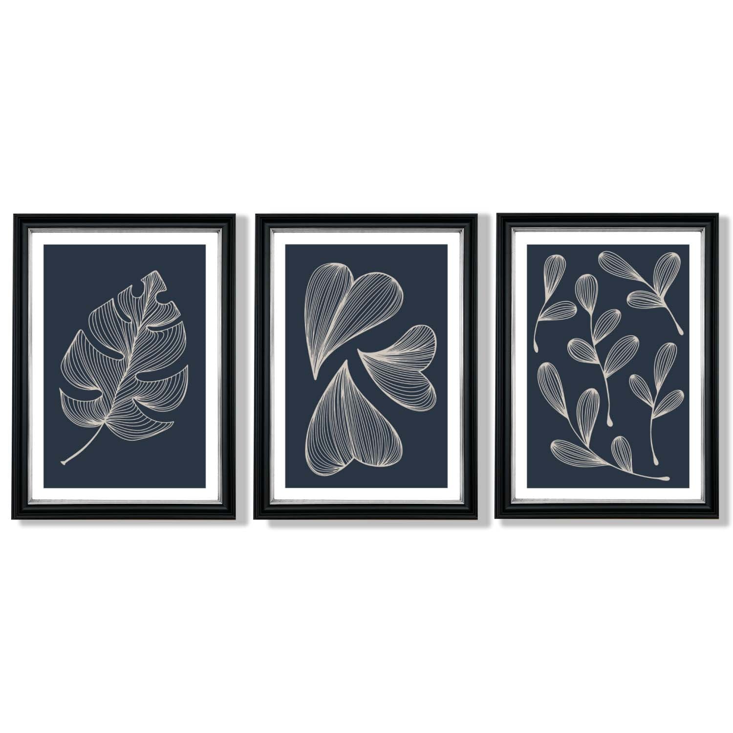 Set of 3 Dark Blue Minimal Sketch Leaves  Framed Art Prints with Vermeer Black and Silver Frames