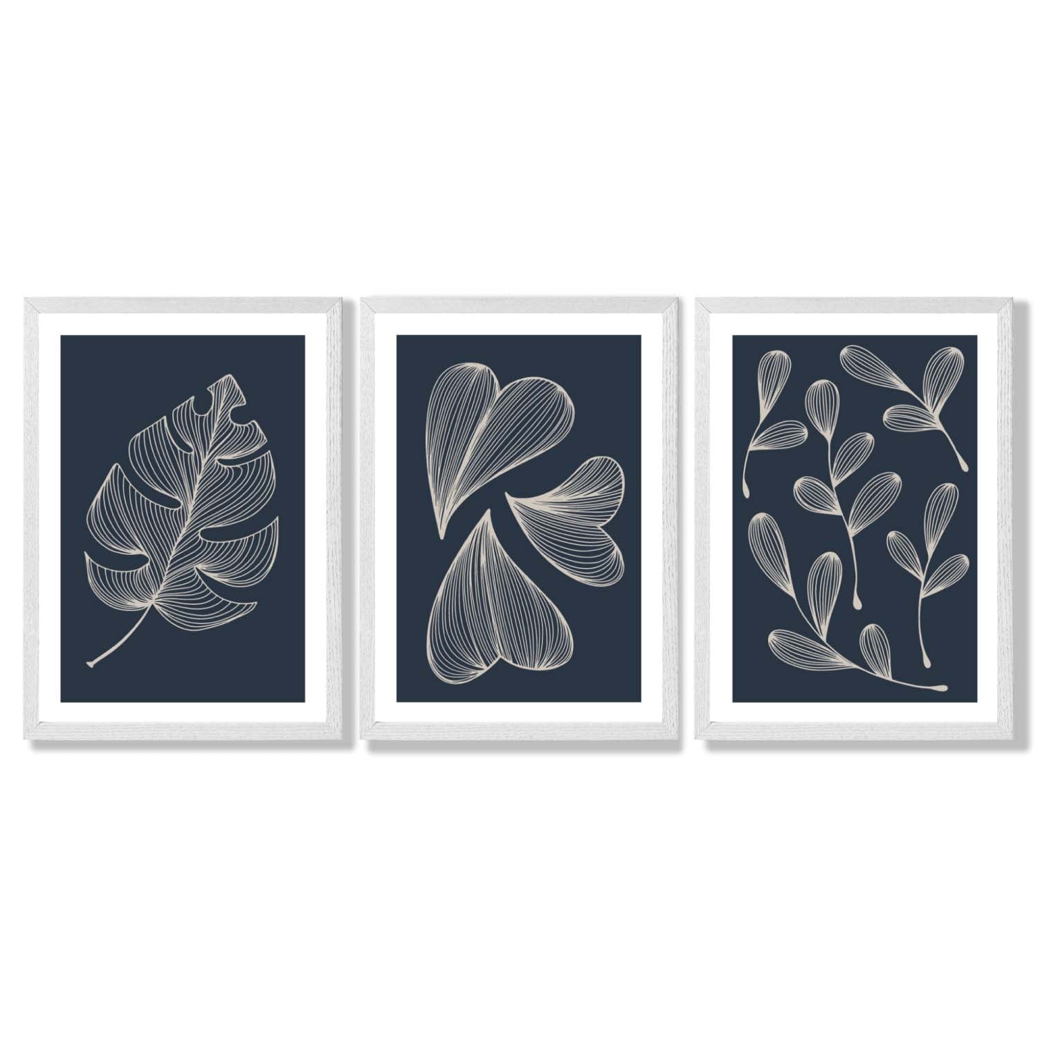 Set of 3 Dark Blue Minimal Sketch Leaves  Framed Art Prints with White Wooden Frames