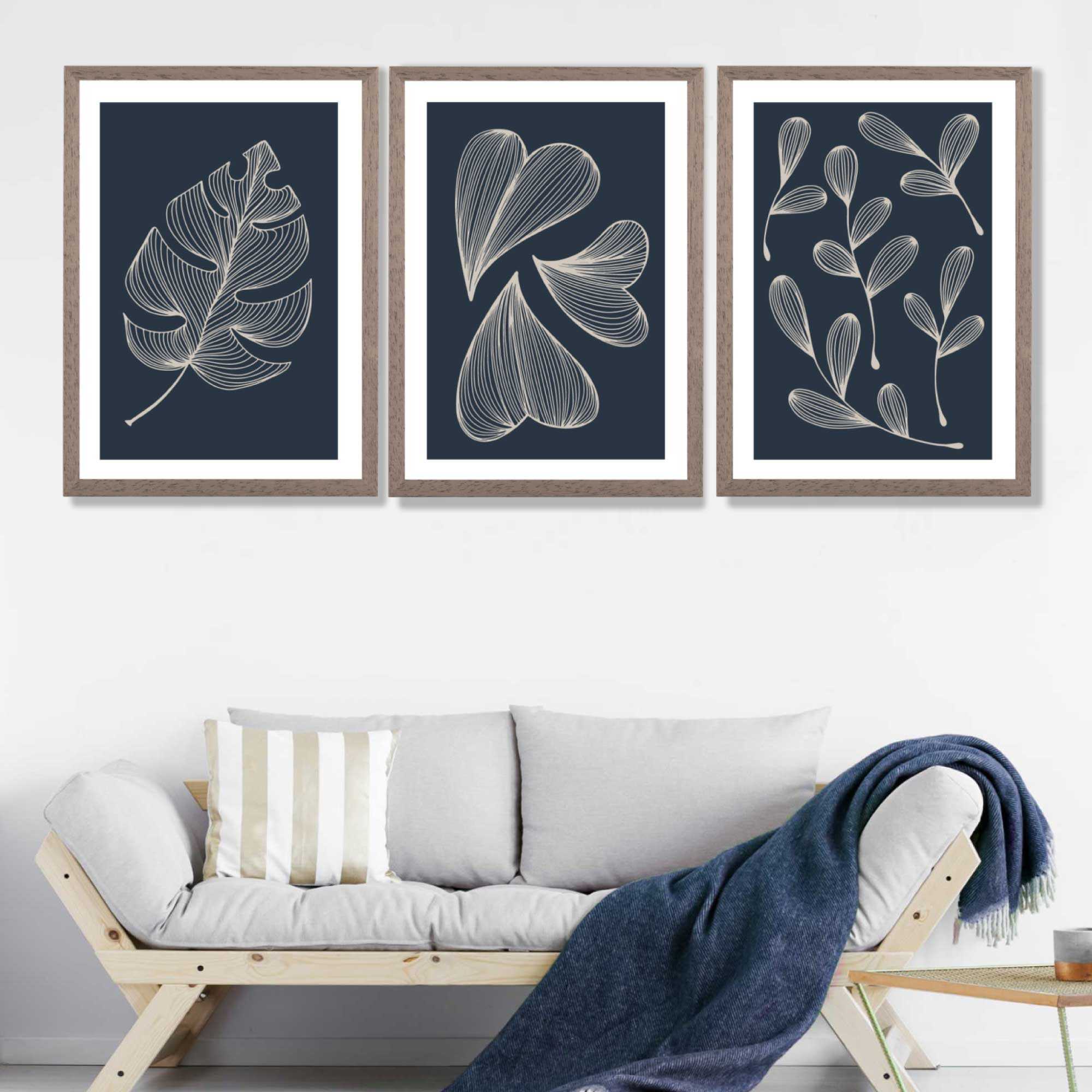 Set of 3 Dark Blue Minimal Sketch Leaves  Art Prints in Luxury Frames | Artze UK