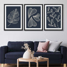 Set of 3 Dark Blue Minimal Sketch Leaves  Art Prints in Black Frames | Artze UK