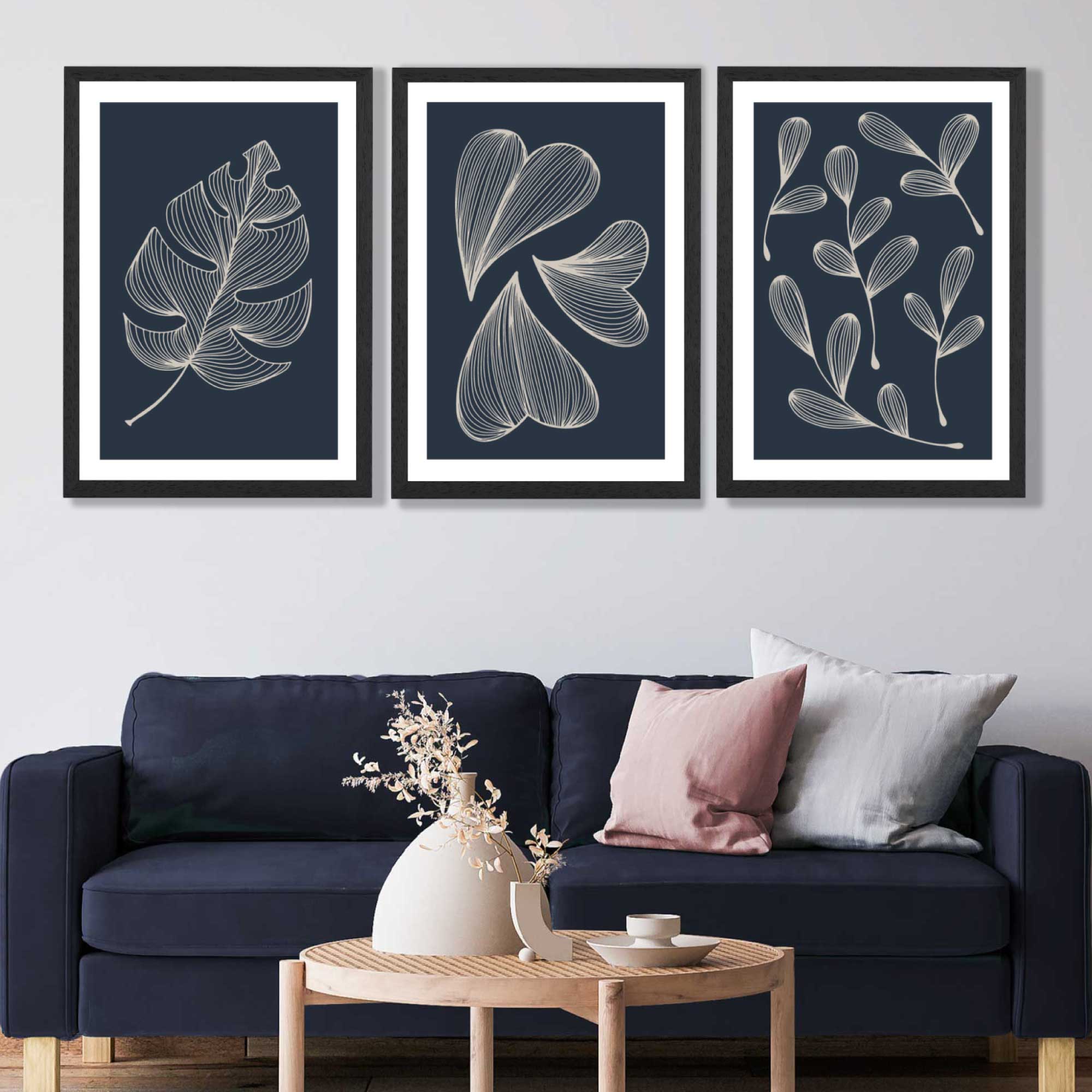 Set of 3 Dark Blue Minimal Sketch Leaves  Art Prints in Luxury Frames | Artze UK