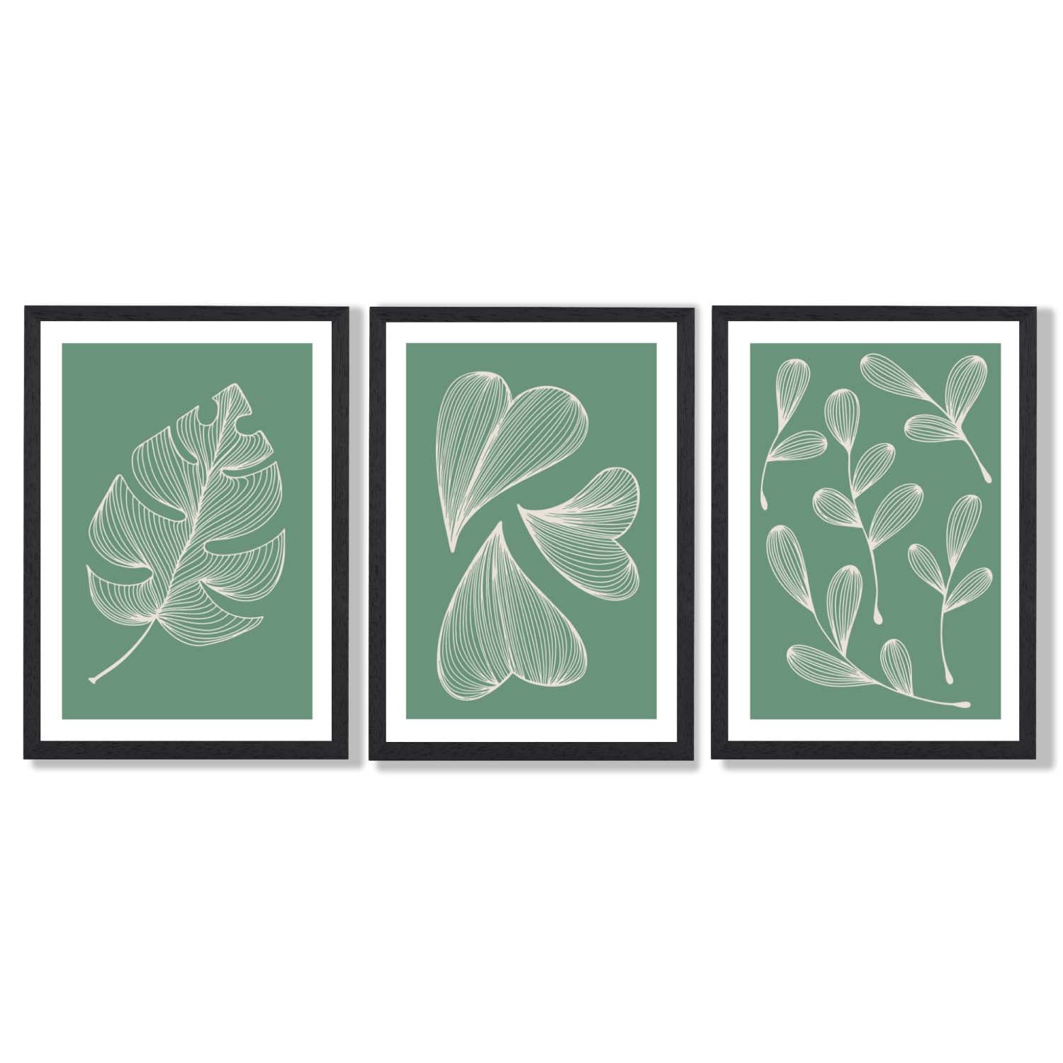 Set of 3 Green Minimal Sketch Leaves  Framed Art Prints with Black Wooden Frames