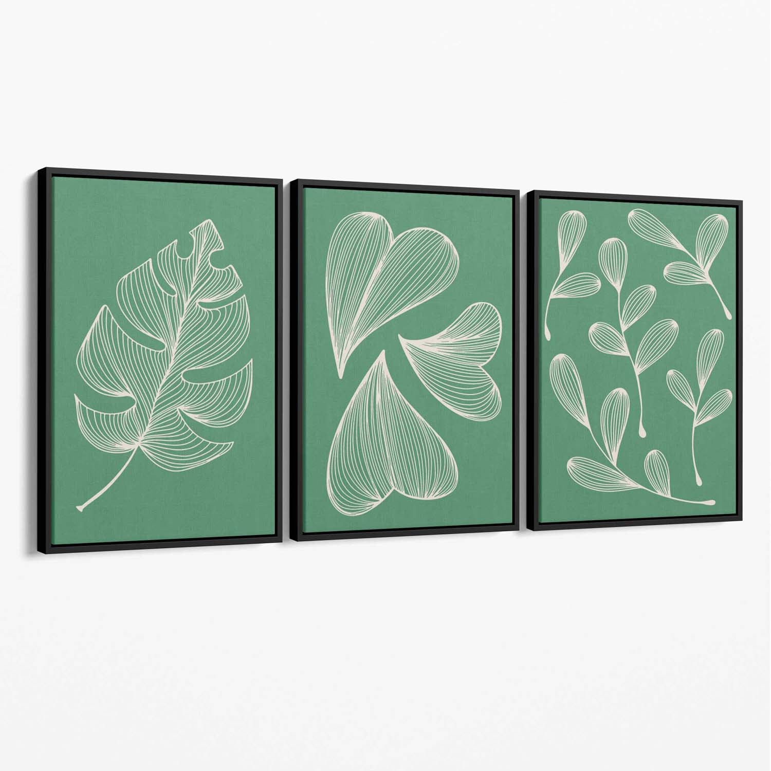 Set of 3 Green Minimal Sketch Leaves  Canvas Art Prints with Black Float Frame