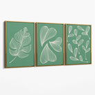 Set of 3 Green Minimal Sketch Leaves  Canvas Art Prints with Gold Float Frame