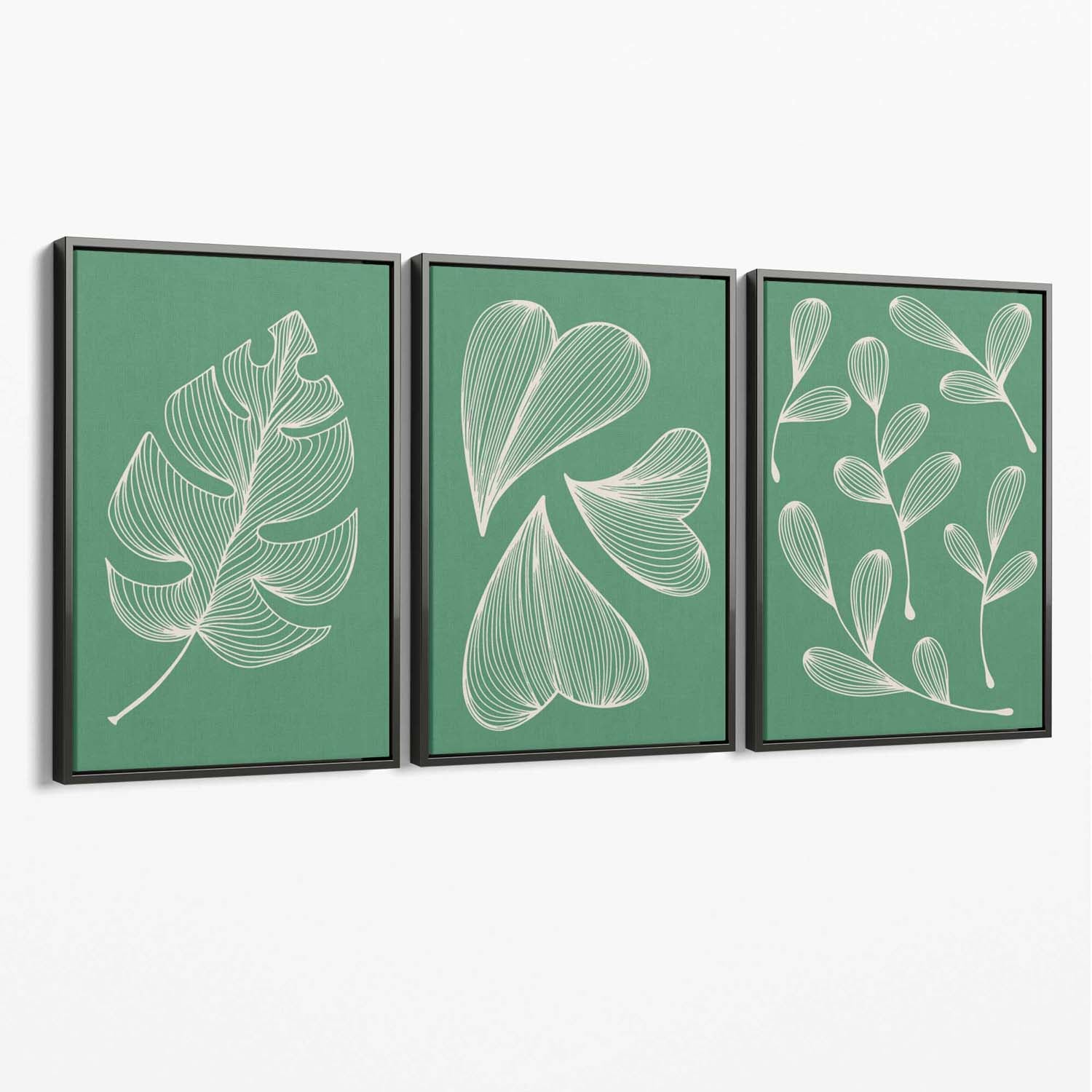 Set of 3 Green Minimal Sketch Leaves  Canvas Art Prints with Grey Float Frame