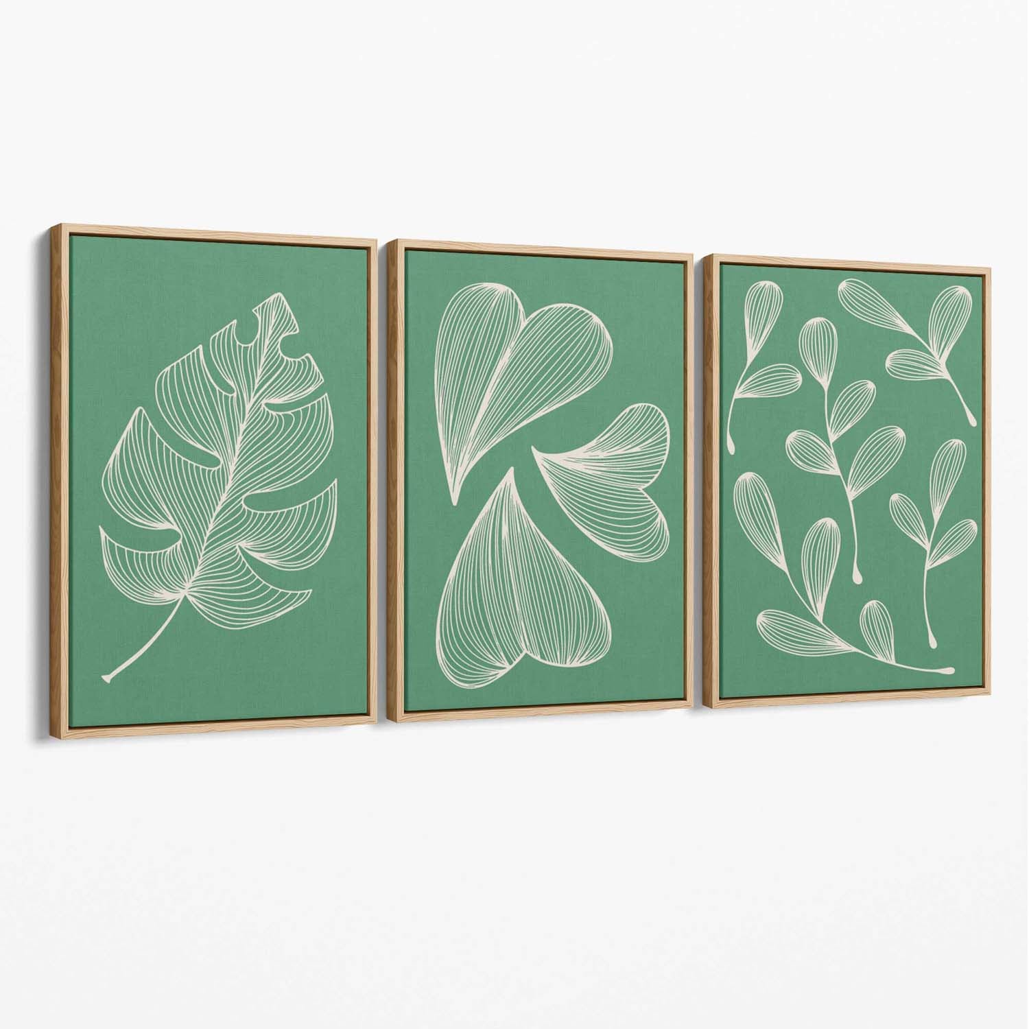 Set of 3 Green Minimal Sketch Leaves  Canvas Art Prints with Oak Float Frame