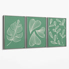 Set of 3 Green Minimal Sketch Leaves  Canvas Art Prints with Silver Float Frame