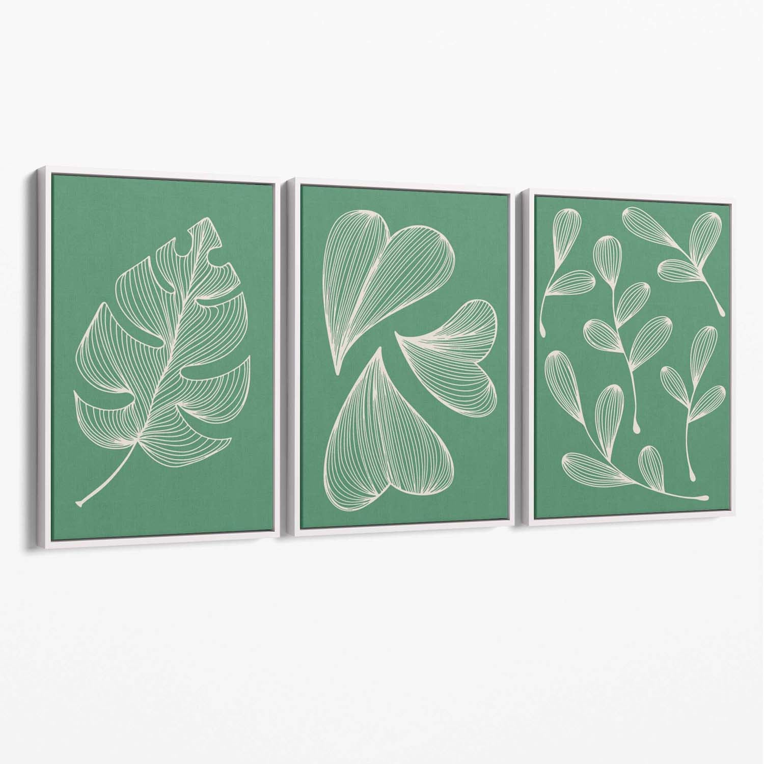 Set of 3 Green Minimal Sketch Leaves  Canvas Art Prints with White Float Frame