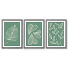 Set of 3 Green Minimal Sketch Leaves  Framed Art Prints with Dark Grey Wooden Frames