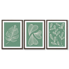 Set of 3 Green Minimal Sketch Leaves  Framed Art Prints with Dark Wood Frames