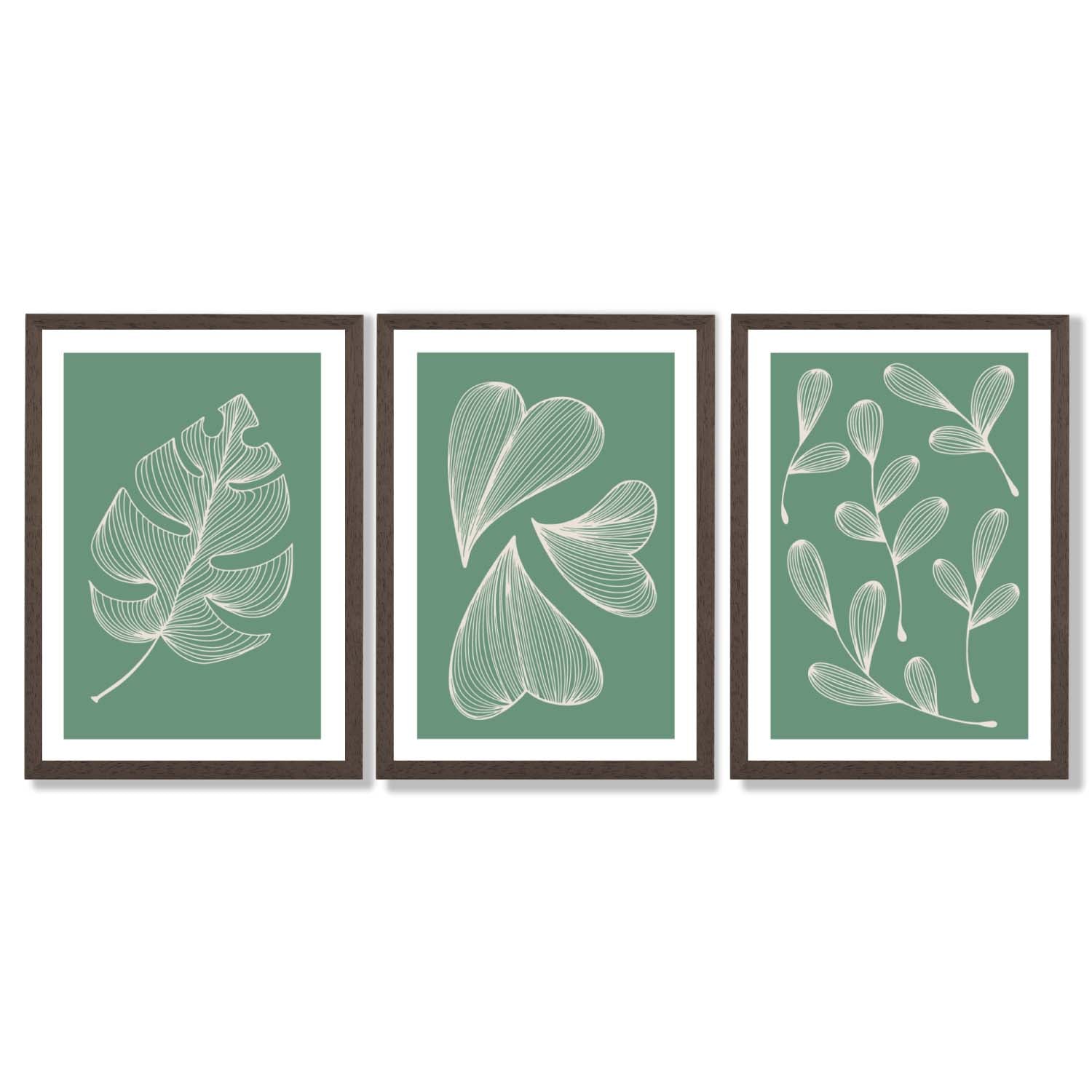 Set of 3 Green Minimal Sketch Leaves  Framed Art Prints with Dark Wood Frames