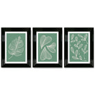 Set of 3 Green Minimal Sketch Leaves  Framed Art Prints with Glossy Black Frames