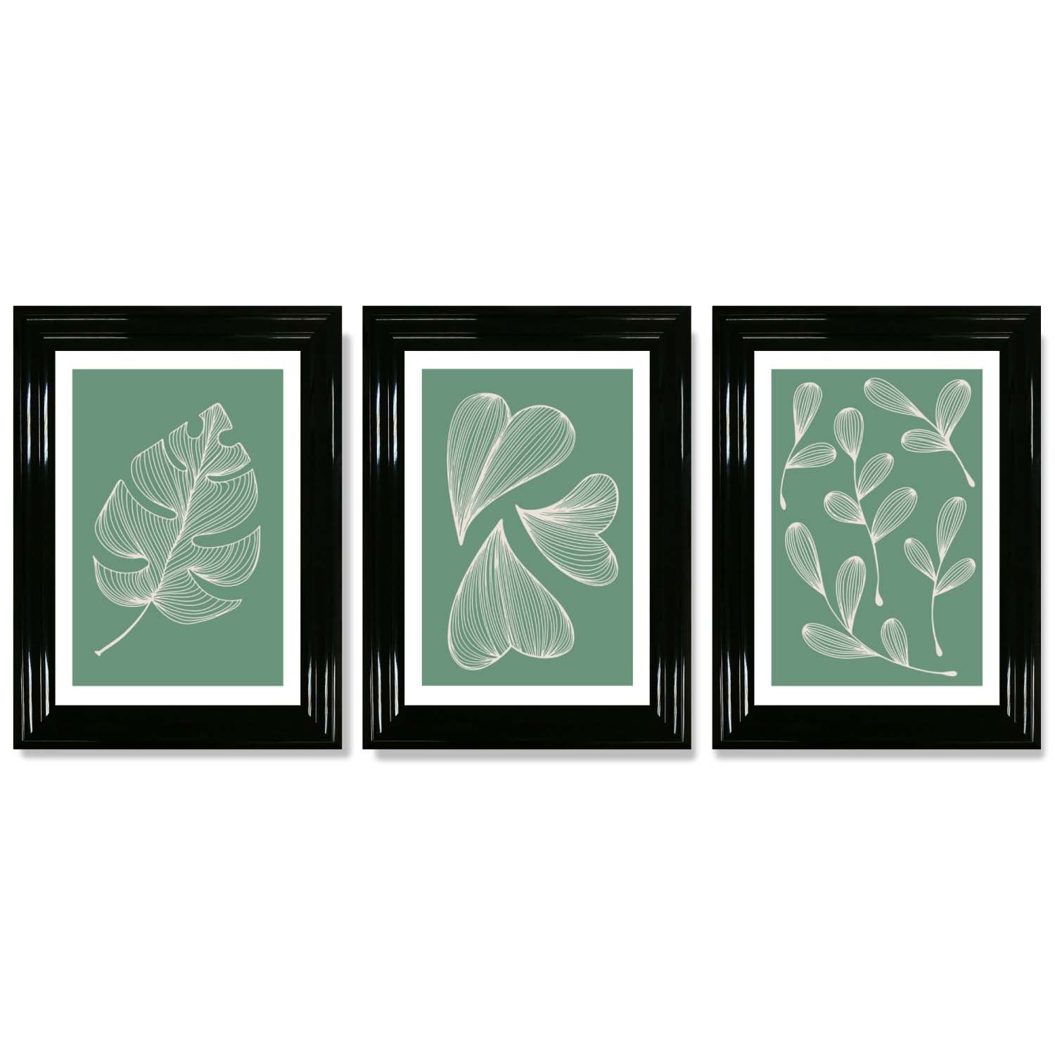 Set of 3 Green Minimal Sketch Leaves  Framed Art Prints with Glossy Black Frames