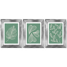 Set of 3 Green Minimal Sketch Leaves  Framed Art Prints with Glossy Chrome Frames