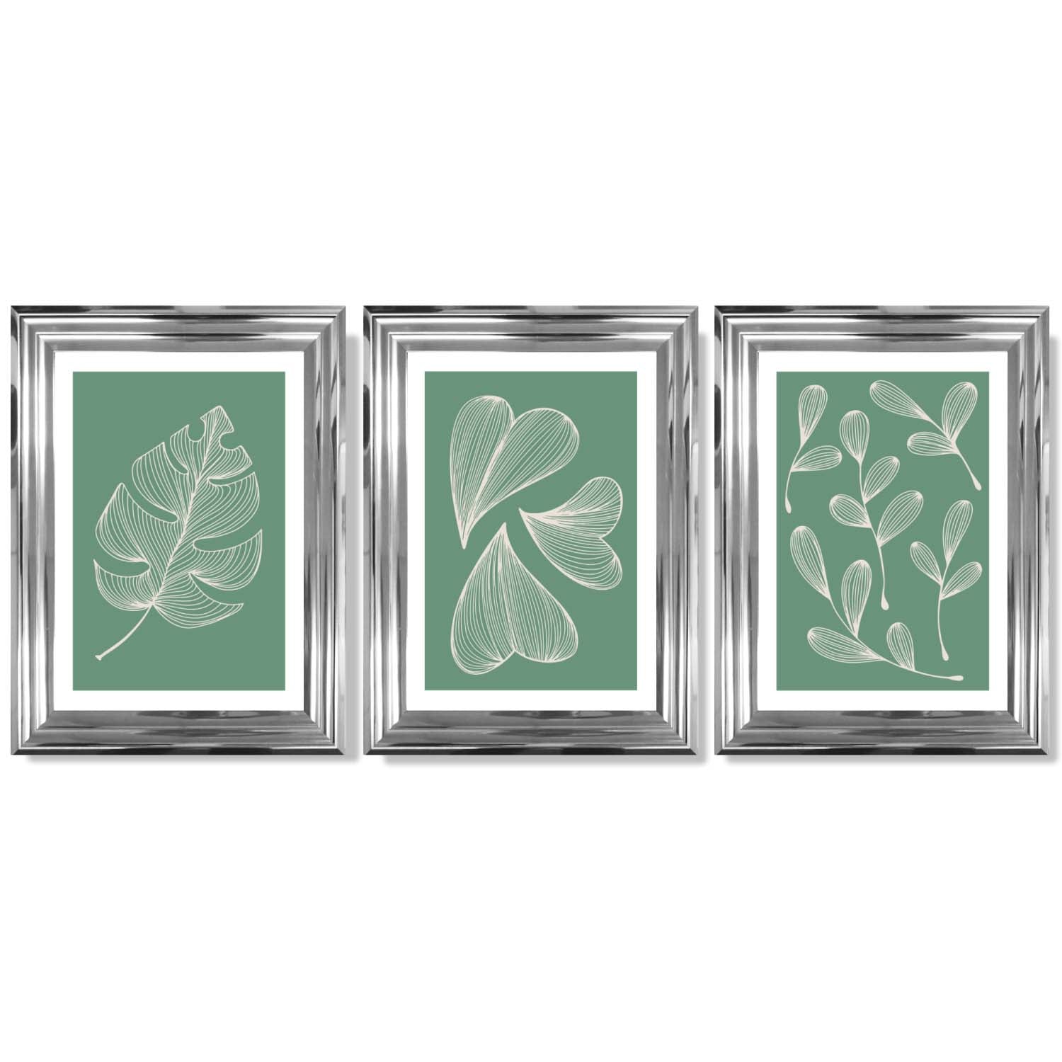 Set of 3 Green Minimal Sketch Leaves  Framed Art Prints with Glossy Chrome Frames