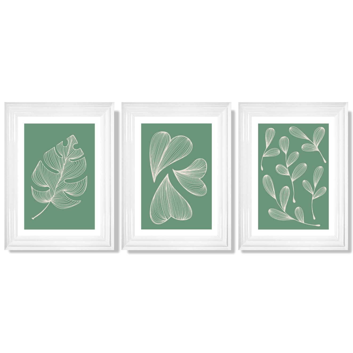 Set of 3 Green Minimal Sketch Leaves  Framed Art Prints with Glossy White Frames