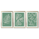 Set of 3 Green Minimal Sketch Leaves  Framed Art Prints with Gold Wood Frames