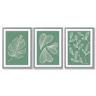 Set of 3 Green Minimal Sketch Leaves  Framed Art Prints with Light Grey Wooden Frames