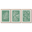 Set of 3 Green Minimal Sketch Leaves  Framed Art Prints with Light Oak Frames