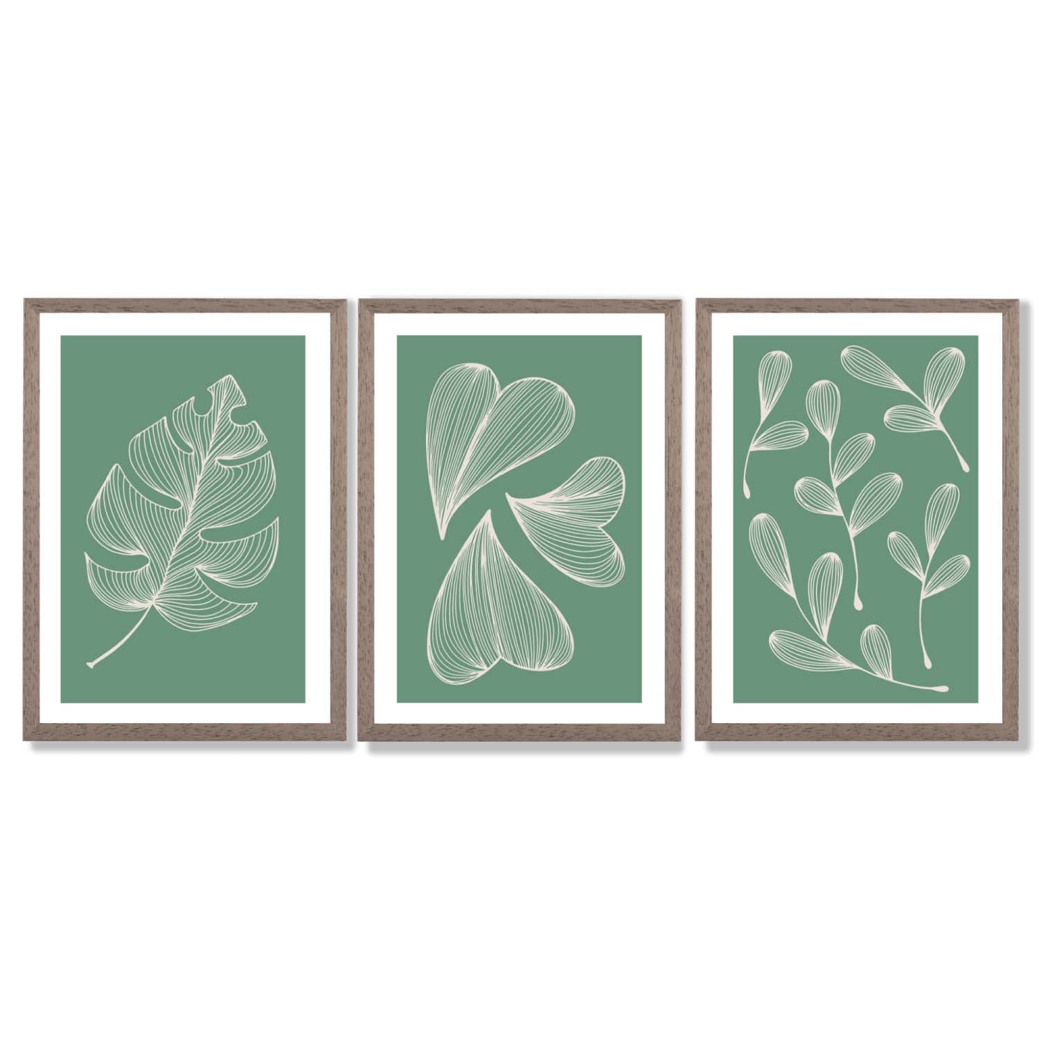 Set of 3 Green Minimal Sketch Leaves  Framed Art Prints with Light Walnut Frames