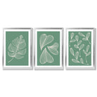 Set of 3 Green Minimal Sketch Leaves  Framed Art Prints with Silver Wood Frames